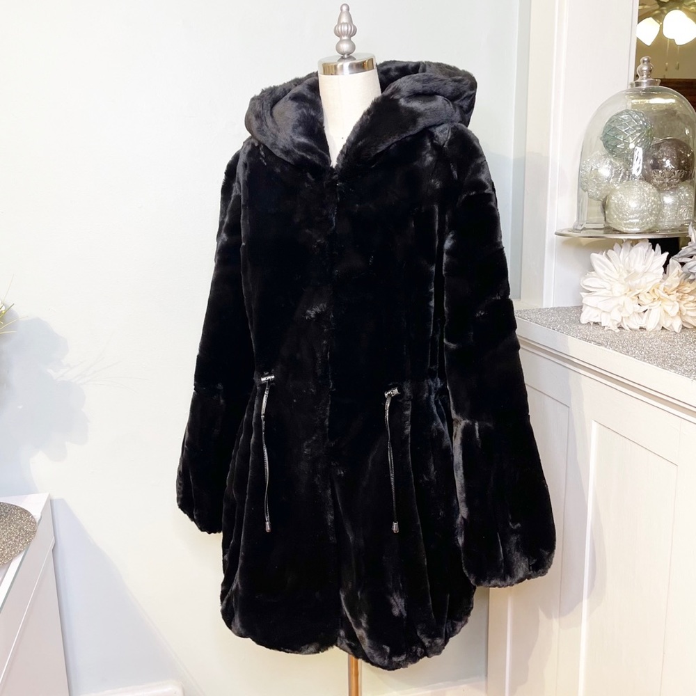 Fabulous Furs Black Hooded Sheared Faux Fur Beaver Anorak Winter Coat Size Small - Picture 5 of 16
